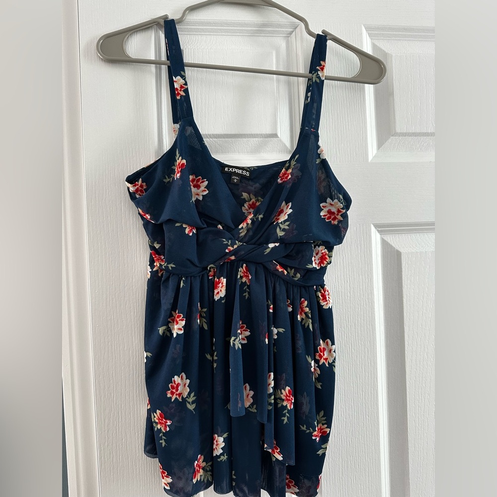 Express Navy Top with Red and White Floral Pattern